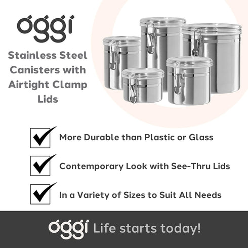 OGGI Stainless Steel Kitchen Canister, 26 fl oz, Airtight Clamp Lid, Clear See-Thru Top, Ideal for Kitchen Storage