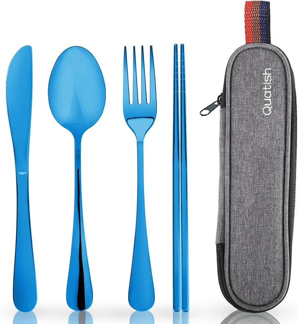 Travel Utensils with Case, Quatish Portable Silverware Set, 304 Stainless Steel Fork and Spoon Set for Camping and Lunch