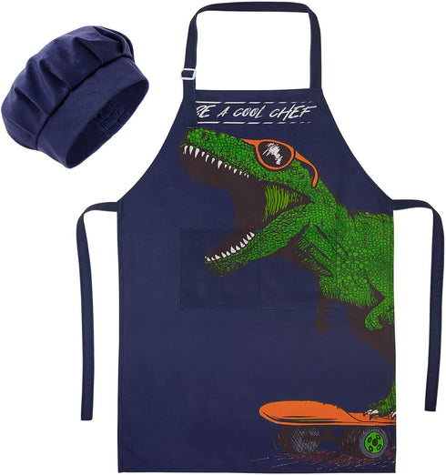 MHJY Kids Apron and Chef Hat for Boys, Adjustable Dinosaur Child Aprons with Pockets for Cooking Baking Painting 3-12
