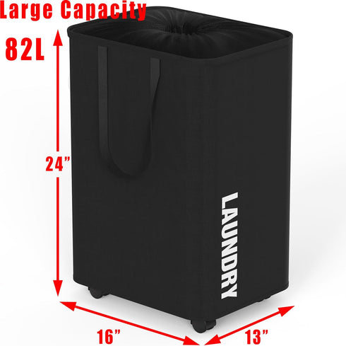 Simple Houseware Laundry Basket Hamper with Wheels, 13"L x 16"W x 24"H (82 Liters), Black