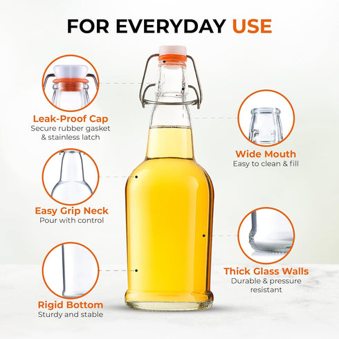 Bellemain Swing Top Glass Water Bottles, Reusable Clear Glass for Juice, Set of 4 (16oz)
