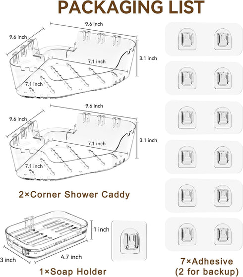 3-Pack Corner Shower Caddy, Adhesive Shower Organizer with Soap Holder and Hooks, Rustproof Corner Shower Shelves, No