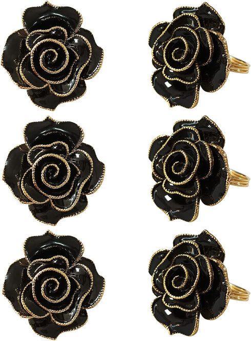 Black Napkin Rings Set of 6, Flower Rose Napkin Holder Rings Buckles for Table Decoration Wedding Valentine’s Christmas