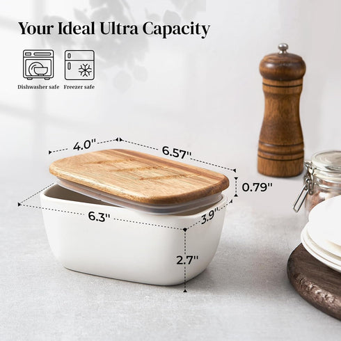 DOWAN 6.5" Large Butter Dish with Lid, Ceramic Butter Keeper Holds Up to 3 Sticks, White