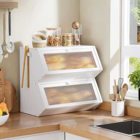 Countertop, Counter WOWLIVE Double Layer Bread Box for Kitchen Large Bamboo Bread Storage Container for Homemade Bread