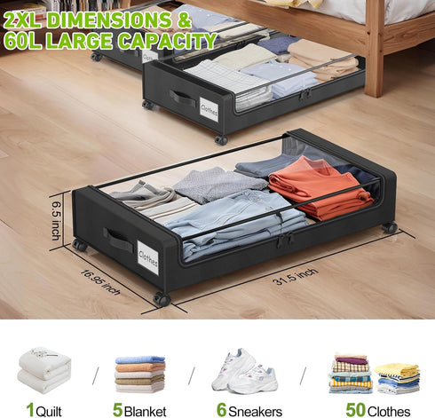 2-Pack 60L Beborxue Under Bed Storage with Wheels, Under the Bed Storage Containers with Lids, XXL Under Bed Shoes