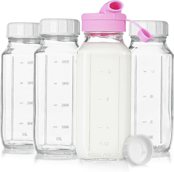 Sovietiep 4 Pack 16 Oz Square Glass Milk Bottle with A Silicone