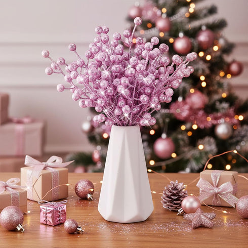 30 Geosar Pieces Artificial Christmas Berry Picks with Snowflake Glitter Holly Berry Stems for Christmas Tree Ornaments