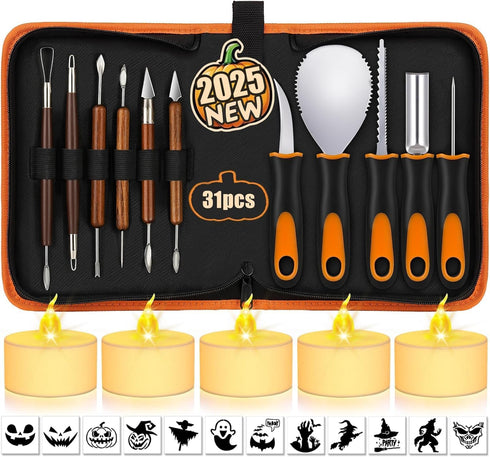 Pumpkin Carving Kit with Stencils - 31 PCS Halloween Tools, Heavy Duty Stainless Steel Pumpkin Carving Set