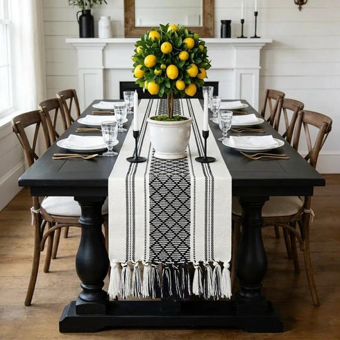 72 Inches yuboo Black and White Table Runner Farmhouse Style, Modern Long Geometric Woven Coffee Table Runner Long