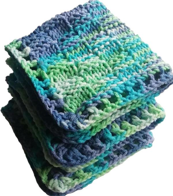 LarisaKnits Cotton colorful dishcloth reusable set of 3, Knitted absorbent bright mini towels