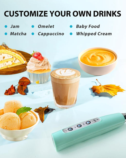 Milk Frother Rechargeable Handheld Electric Whisk 3 Speed Adjustable, Coffee Frother Wand with 3 Stainless Whisks,
