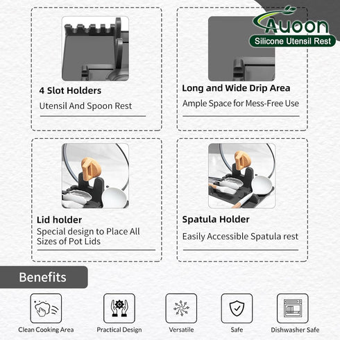 AUOON Silicone Utensil Rest and Pot Lid Holder, Heat-Resistant, BPA-Free, Dishwasher Safe for Kitchen Utensils