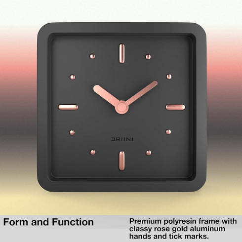 Driini Modern Mid Century Desk & Shelf Clock (Black Rose Gold) - Battery Operated with Silent, Analog Movement Small