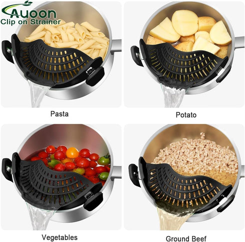 2PACK AUOON Clip on Strainer for All Pots Pans, Silicone Pasta Strainer Kitchen Colander, BlackGreen