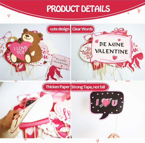 Valentines Day Photo Booth Props Kit, 28PCS Funny DIY Picture Selfie Accessories for Wedding Party Birthday Decor