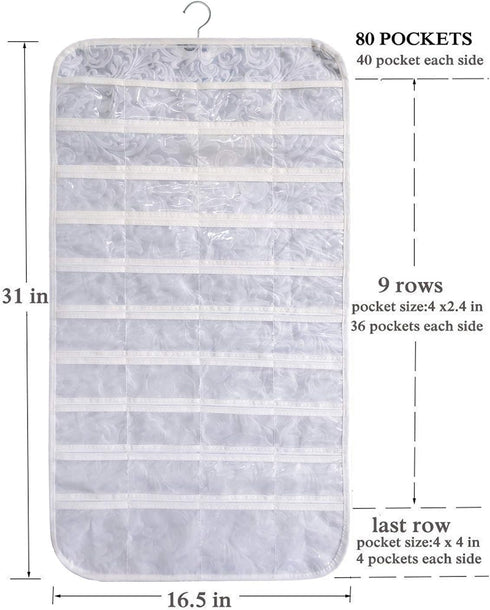 Hanging Jewelry Organizer, 80 Pocket Accessories Organizer for Holding Jewelries (White-Embossed)