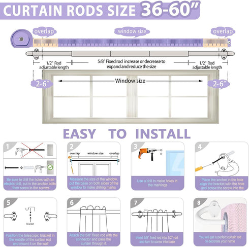 Wrap Around Curtain Rods - White Curtain Rods 28 to 60 Inch, 5/8 Inch Adjustable Blackout Curtain Rod, Aluminum Curtain