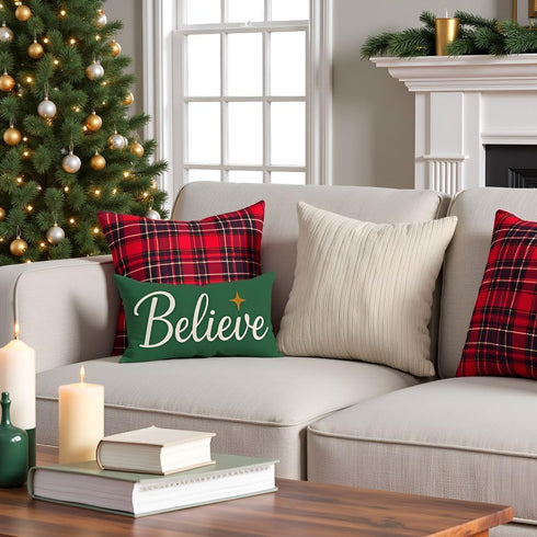 12x20 Inch, Christmas Throw Pillow Cover Forest Green Believe Christmas Decor, Outdoor Xmas Winter Holiday Lumbar