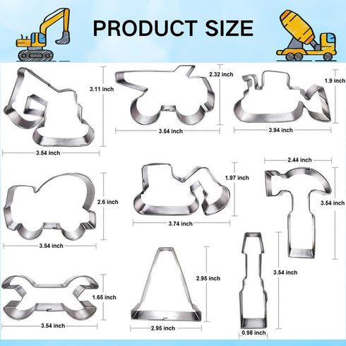 Construction Cookie Cutter Set - 9 Piece, 3 Inches, Excavator, Digger, Dump Truck, Tools for Kids Party