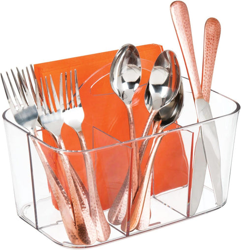 mDesign Clear Plastic Cutlery Storage Organizer Caddy Bin Tote with Handle - Divided Pantry Basket for Forks, Knives,