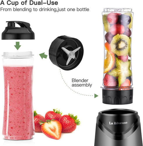 La Reveuse Smoothie Blender Personal Size 300 Watts with 2 Pieces 18 oz BPA-Free Travel Sports Bottles, Grey