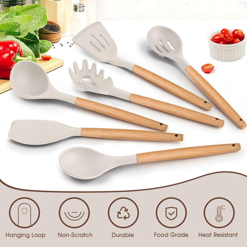 E-far Cooking Utensils Set of 6 - Silicone Kitchen Utensils with Wooden Handle, Non-stick Cookware Friendly, Heat