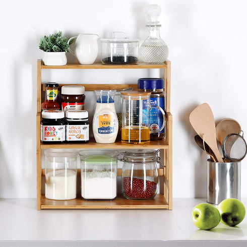 HYNAWIN Bamboo Spice Rack Storage Shelves, 3 Tier Standing Pantry Shelf for Kitchen Counter, Bathroom Countertop