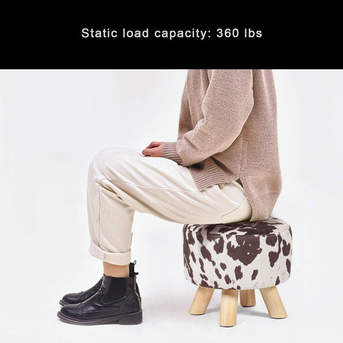Asense Small Round Ottoman Foot Rest Stool Linen Padded Seat Footstool Ottoman with Anti-Slip Wooden Legs (Cow