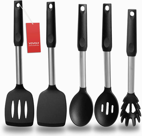 Silicone Spatula and Cooking Spoon Set, 5 Pack Non-Stick Utensils, Heat Resistant with Stainless Steel Handle (Black)