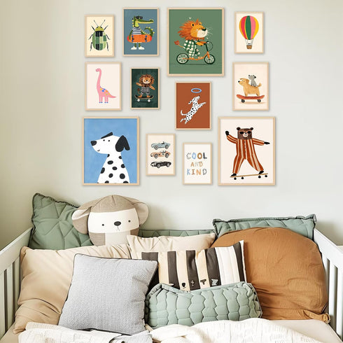 Aroutde 12Pcs Cartoon Animal Canvas Wall Decor Nursery Room Playful Animals Prints Modern Artwork for Kids Room
