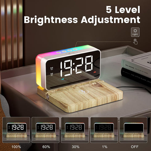 5 1 10W Bedroom Alarm Clock for Heavy Sleepers - in Magnetic Wireless Charger with White Noise Bluetooth Speaker RGB