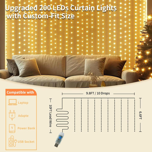 Patioman 200 9.8 6.6 Fairy Curtain Lights, LED Upgraded Tangle-Free Hanging Lights with Remote, USB Plug in String