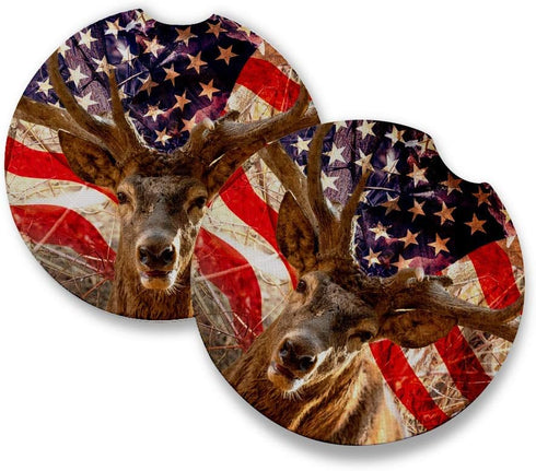 Deer Car Coasters for Drinks, Set of 2 with Absorbent Coasters and Rubber Backing