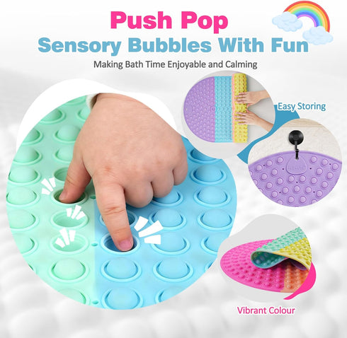 joiyota (33x17.3-Rainbow) Silicone Push Pop Bath Mat for Kids, CPC Certified Non-Slip Rainbow Bathtub Mat with Suction