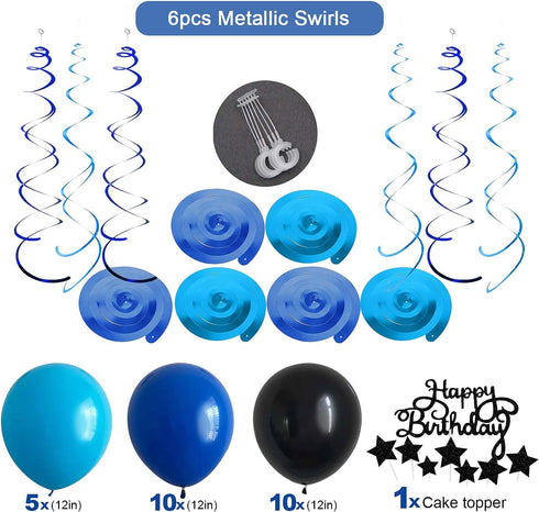 Blue and Black Happy Birthday Party Decorations Kit, Banner, Fringe Curtain, Foil Balloons, Cake Topper for Birthday