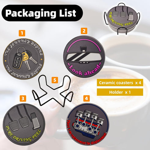 EPWQLC Set 4 4 Inches Car Guy Ceramic Coasters of with Holder Absorbent Drink Coasters Home Table Coffee Kitchen Bar