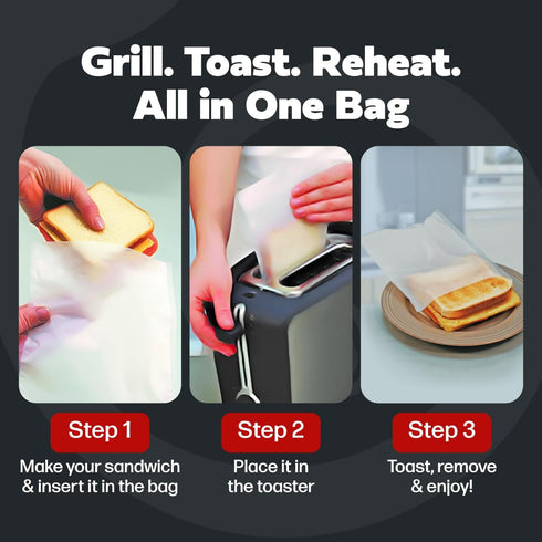 Reusable Toaster Bag Set of 4 - Nonstick Teflon Bags for Grilled Cheese, Pizza Rolls - BPA & PFOA Free, Up to 50 Uses