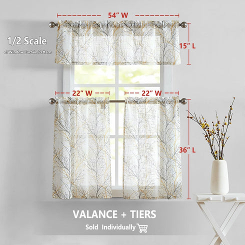 FMFUNCTEX Window Valance Curtains, Yellow Grey Tree Branch Print on Semi Sheer White, 50 x 15 Inches