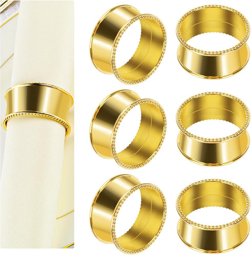 6 Pcs Stainless Steel Bead Side Napkin Rings - Delicate Serviette Buckles (Gold)