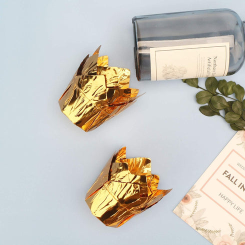 EUSOAR Disposable Baking Cups, 3.5 Ounce 50pcs Gold Tulip Cupcake Muffin Liners, Aluminum Foil Style Cups