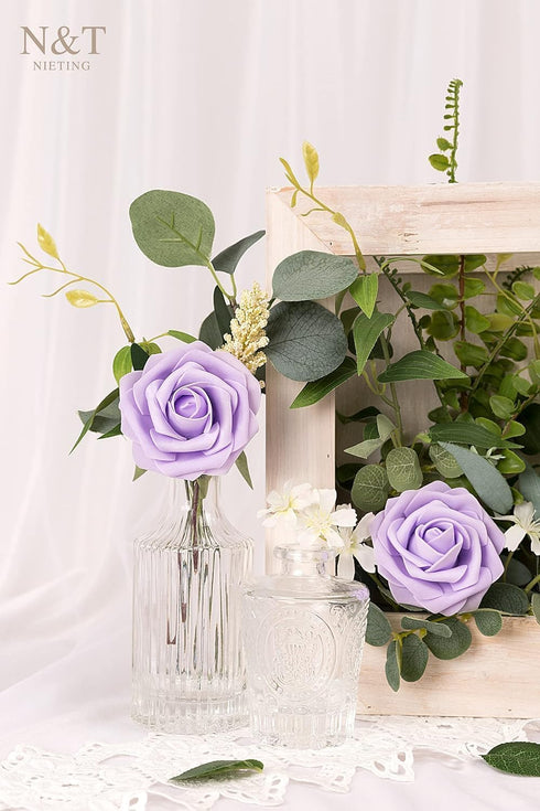 N&T NIETING 25pcs Artificial Flowers Rose with Stems for DIY Wedding Bouquets & Home Decoration, Series Purple