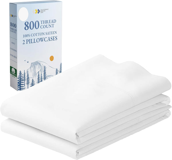 Heirloom 800 Thread Count 100% Cotton Sateen Pillowcases, 2 Pack, White, Fits Standard & Queen Size Pillows (Bright