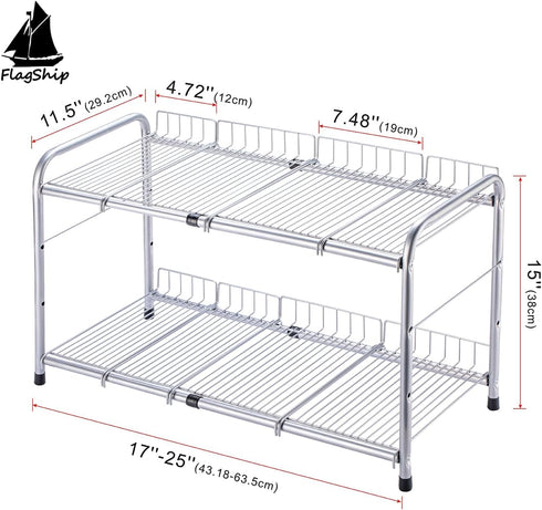 Flagship 2 Tier Under Sink Organizers and Storage Rack, Expandable Cabinet Shelf for Kitchen Bathroom, Silver