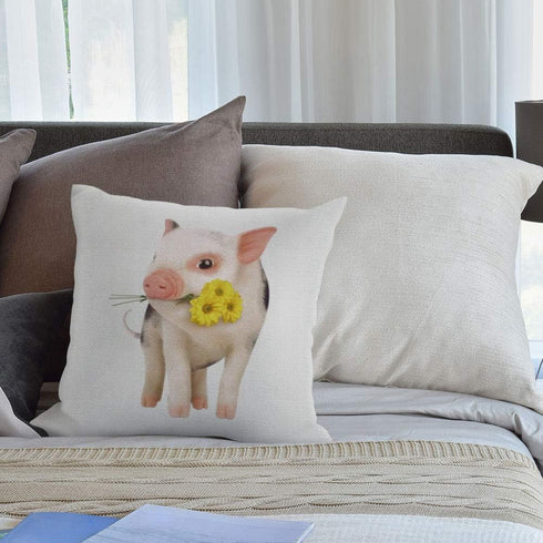 HGOD DESIGNS Cotton Linen Square Decorative Throw Pillow Case - Cute Pink Pet Miniature Pig with Yellow Daisy, 18" x 18"