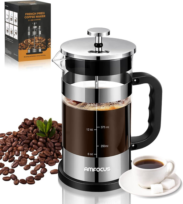 French Press Coffee Maker - 21OZ Classic Glass Coffee Press, Heat-Resistant Borosilicate Glass Coffee Pot