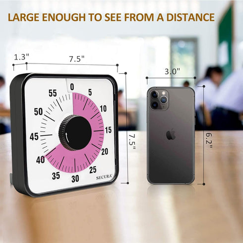 60-Minute Countdown 7.5-Inch Secura Visual Timer, Oversize Classroom Visual Timer for Kids and Adults, Durable