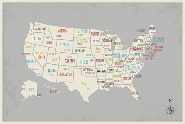 USA Wall Map Art Print, 24x36 Inch, Children's Room Decor, Gender Neutral Travel Nursery Decor, Capital Cities