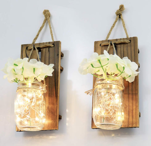 Greenco GRC2859 Rustic Wall Hung Mason Jar Sconce with Faux Flower and LED Strip Lights