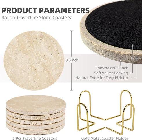YONGHEE Set 5 Italian Travertine Coasters of with Holder, Round Beige Marble Drink Coasters for Coffee Table Decor